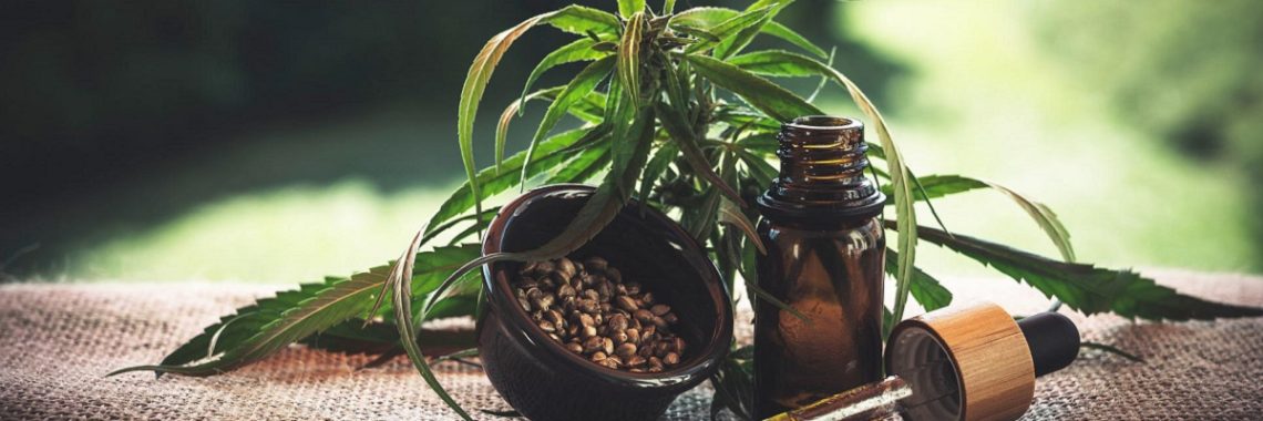 Cannabis leaves and bottle of Cannabis or CBD Oil, which are a good source of health giving Cannabidiol