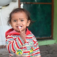 Cute picture of young girl cleaning her teeth and looking at the camera